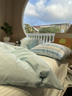 舒适清新海洋蓝色织，水洗棉细条纹床上四件套，1.5m1.8米公寓被套三