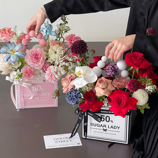 花中情半糖女士折叠盒玫瑰花束鲜花，包花插花盒diy花艺手提袋材料