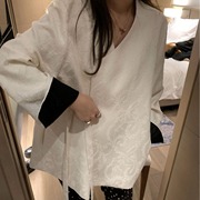 黑白拼色中国风心新中式西装外套V领时髦气质女装春秋