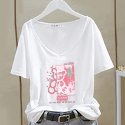 纯棉短袖t恤女2023夏季韩版宽松大码V领减龄纯色印花质感上衣