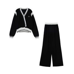 欧洲站黑色运动套装女2023早秋撞色针织，开衫直筒休闲裤两件套