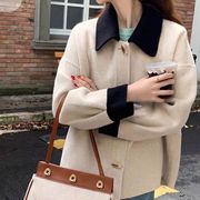 当季韩版优雅气质拼色短款羊绒大衣女单排扣加厚毛呢外套