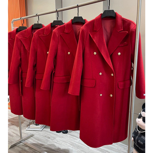 23年秋冬红色双面呢羊绒大衣女，长款高端金扣系带，双排扣羊毛外套厚