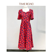 Time RoaD/汤米诺花朵镂空系带短袖长裙高腰连衣裙