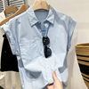 欧货夏季蓝色polo翻领短袖衬衫女设计感小众衬衣洋气上衣小衫