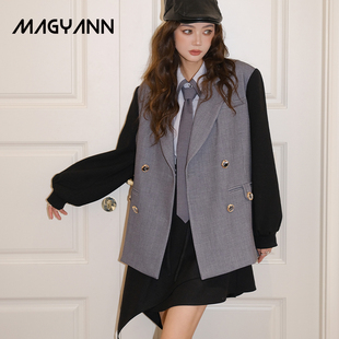 Magyann设计师款原创撞色拼接棒球袖休闲西装小众款双排扣外套女