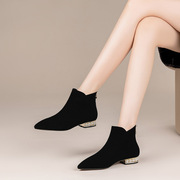 短靴女秋冬季磨砂皮尖头，平底靴黑色，短筒真皮平跟及踝靴女靴子