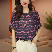 韩国花色短袖T恤女夏2024气质百搭时尚宽松优雅洋气漂亮上衣