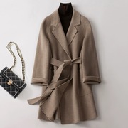 双面羊绒大衣女短款秋冬新韩版系带，修身显瘦大口袋小个子毛呢外套