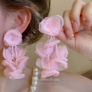 森系粉色雪纺花朵耳环，夸张长款气质夏季耳饰，2024耳钉耳坠