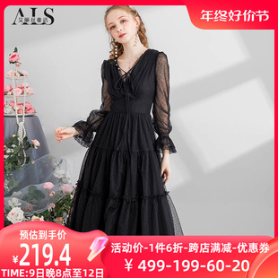 艾丽丝黑色法式复古连衣裙，2023秋季蕾丝，长袖修身中长款公主裙