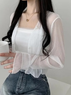 韩国chic夏季甜美超仙防晒长袖，雪纺开衫+网纱拼接针织吊带背心女