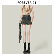 forever21带腰带个性，美式辣妹黑色牛仔，短裙女高腰多口袋工装裙子