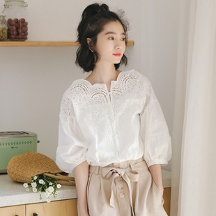 韩版一字领白色镂空衬衫女夏季法式淑女泡泡袖百搭小个子上衣通勤