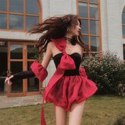 guojingyi直发酒红色蝴蝶结连体，裤时髦设计感圣诞，新年24春夏