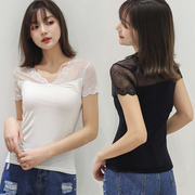 春夏韩版女装拼接蕾丝短袖T恤内搭显瘦打底衫V领上衣蕾丝体恤