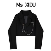 Ms XIDU 黑色短款小西装外套女宽松小个子炸街设计感小众小西服秋