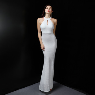 白色晚礼服女设计感小众轻奢气质女神范主持人模特车模长款连衣裙