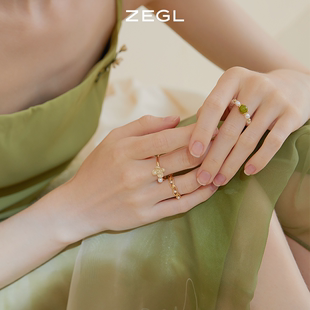 ZEGL设计师花间集系列栀子花仿珍珠戒指女小众设计指环开口食指戒