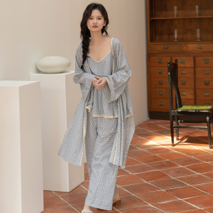 带胸垫睡衣女2023纯棉，春秋冬季长袖，吊带三件套装家居服纯欲风