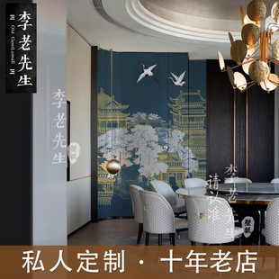 新中式建筑墙纸艺术壁纸客厅，电视背景墙定制壁画仙鹤茶楼摄影墙布