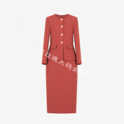 兰玫瑰大码女装客供仿醋酸，斜纹套装气质铁锈红圆领，小西装+一步裙