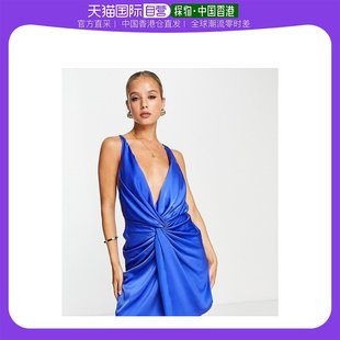 香港直邮潮奢asos女士，设计吊带扭纹迷你后绑带深蓝色连衣裙