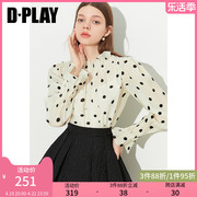 DPLAY春装新法式温柔杏底黑波点捏褶上衣泡泡袖长袖衬衫