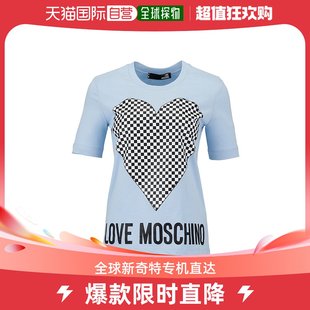 香港直发moschino莫斯奇诺女士蓝色圆领印花短袖套头T恤衫