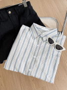 RENA日系清爽蓝色条纹单口袋设计感宽松简约百搭长袖POLO领衬衫