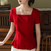 法式裙摆上衣遮肚子夏季2024方领短袖女收腰，洋气掐腰红色小衫