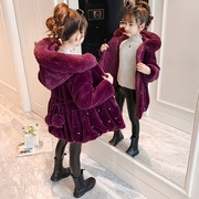 女童外套秋冬装2022儿童夹棉衣，女孩中长款加绒加厚毛毛衣(毛毛衣)洋气