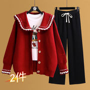 单套装女装少女学生装新年战袍，娃娃领开衫，外套针织红色毛衣外套