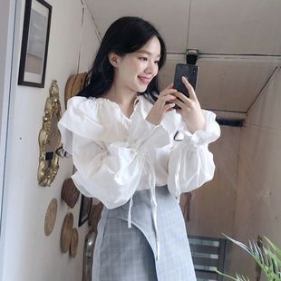 韩国chic秋装气质优雅法式小众纯色荷叶，边绑带喇叭袖宽松衬衫
