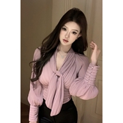 紫色系带长袖v领衬衫女早春法式气质设计感小众衬衣收腰短款上衣