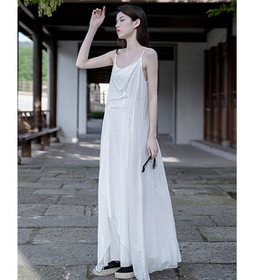 夏季纯棉双层大摆连衣裙吊带裙外穿显瘦风琴褶皱高个子(高个子)白色长裙子