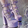 2023女粗高跟漆皮浅口紫色单鞋，圆头防水台蝴蝶结甜美玛丽珍鞋