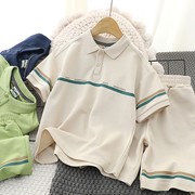 儿童短袖T恤休闲套装2023夏季男童珠地棉POLO衫中大童潮短裤2件套
