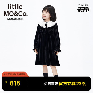 littlemoco童装冬装女童，丝绒娃娃领长袖连衣裙，儿童裙子礼服大童