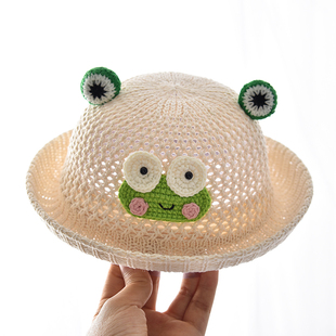 婴儿草帽夏款儿童帽子，夏天沙滩可爱圆顶，渔夫帽男童女童宝宝遮阳帽