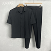 时尚免烫黑色条纹衬衫黑西裤两件套西装套装男高级感发型师衬衣