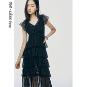 裂帛liebofeng原创设计v领蕾丝chic铆钉，小黑裙两件套小飞袖连衣裙