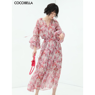 cocobella玫瑰花苞腰绳度假风，飘逸雪纺连衣裙两件套长裙fr176