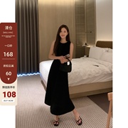 MULVAN 高级感黑色连衣裙女夏气质修身显瘦收腰背心裙不规则长裙