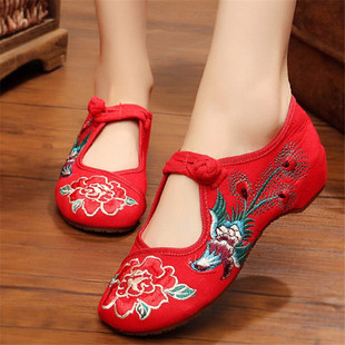 民族风特色绣花鞋中国风老北京布鞋舞蹈内增高坡跟女单鞋