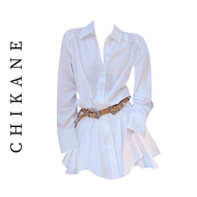 chikane法式气质白色翻领，收腰衬衫裙子，+高腰休闲遮胯短裤两件套