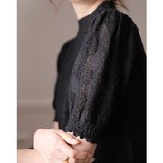 黑色短袖t恤女2023年夏季薄款设计感小众，时尚蕾丝泡泡袖上衣