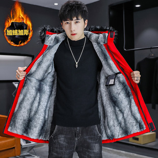 冬季加绒外套男士，2024潮流韩版青少年风衣中长款加厚棉服冬装
