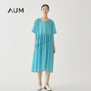 aum噢姆2020夏蓝色(夏蓝色，)减龄格子，连衣裙女宽松圆领短袖中长款裙子
