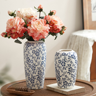 新中式高级感青花瓷复古花瓶陶瓷，创意插花花，器客厅玄关装饰品摆件